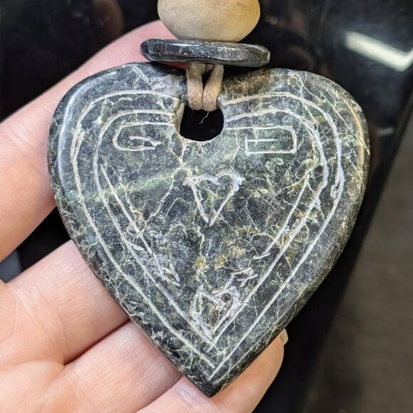 3 for $30 Vintage hand carved stone pendant with leather strap and wood bead - Picture 1 of 10